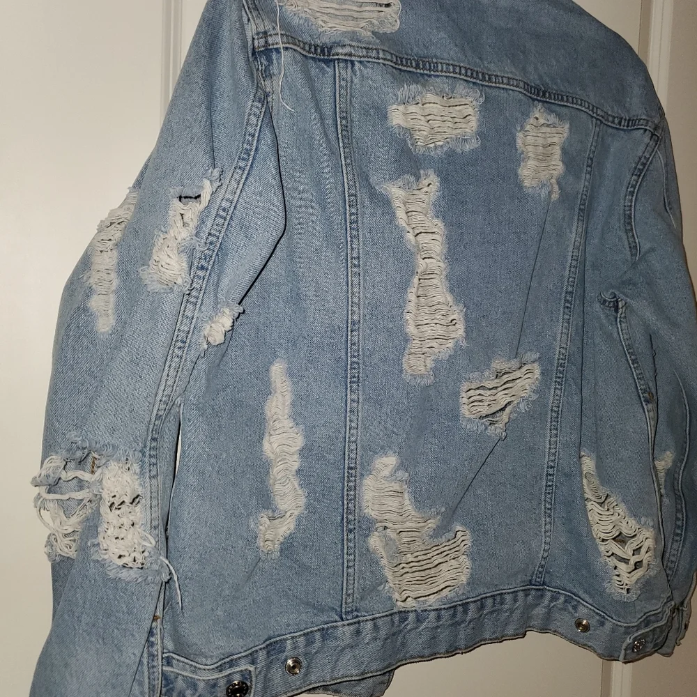 Topshop Moto Distressed Blue Denim Jacket, Oversized 6 - Picture 5 of 8